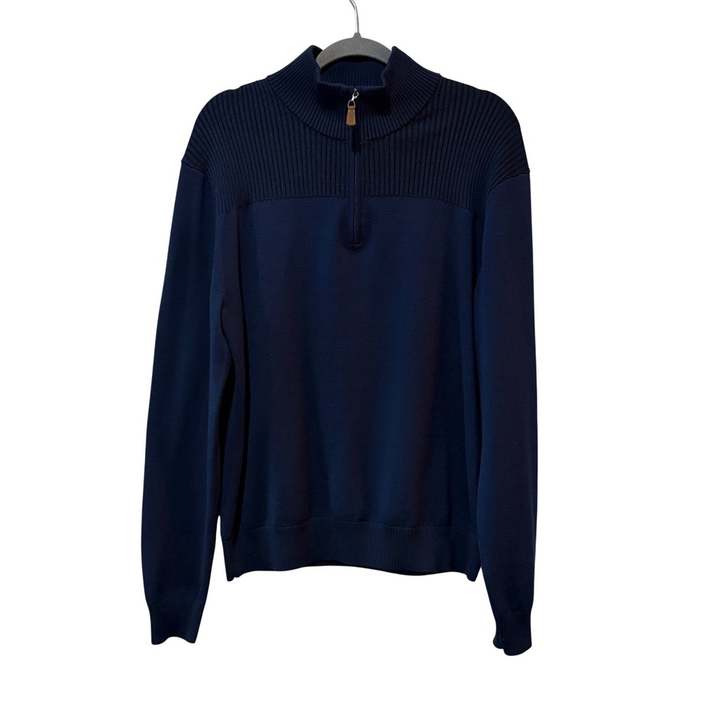 Bruno Magli Quarter‎ Zip Sweater Mens Large Navy Blue Merino Wool Ribbed Elbow